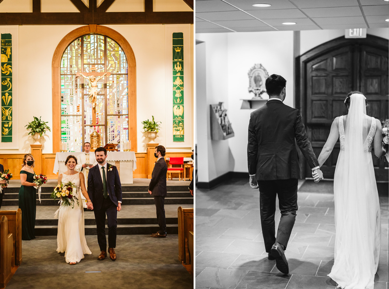 Bride and groom walk hand-in-hand back down the aisle after their church wedding ceremony.