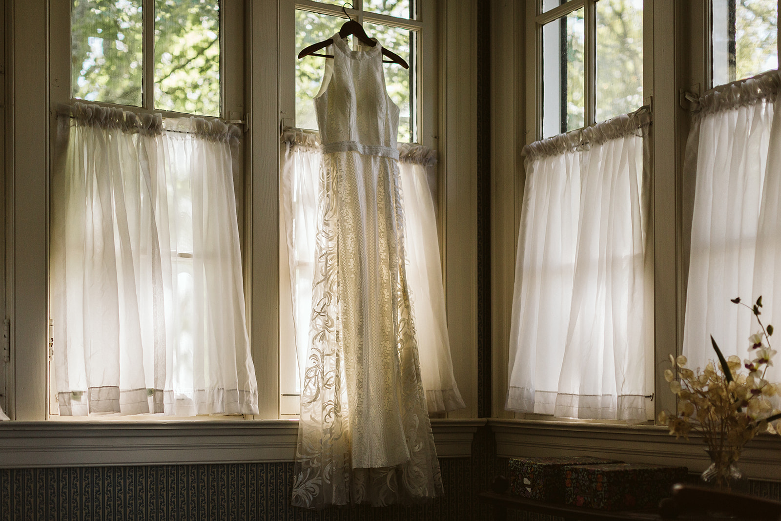 A wedding dress hangs in a sunny window.