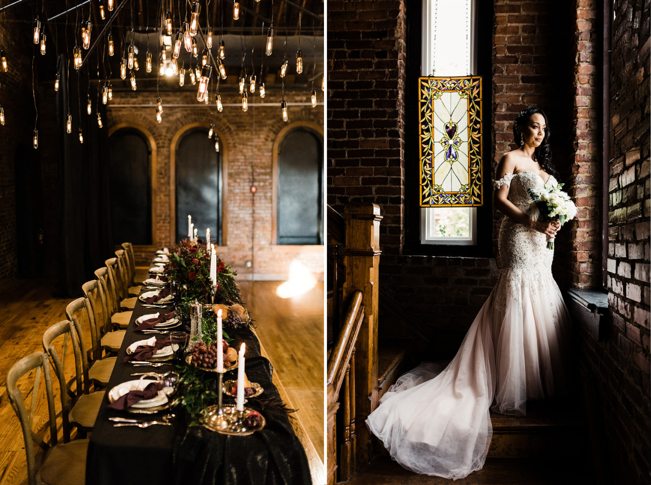 A bride poses with her bouquet in front of a stained glass window.