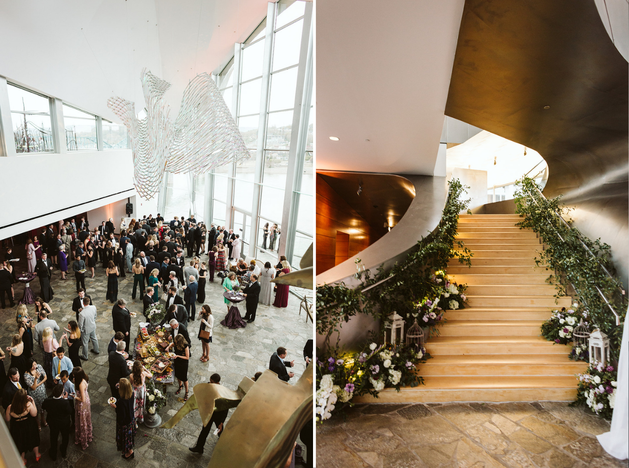 Wedding guests mingle during cocktail hour at The Hunter Museum.