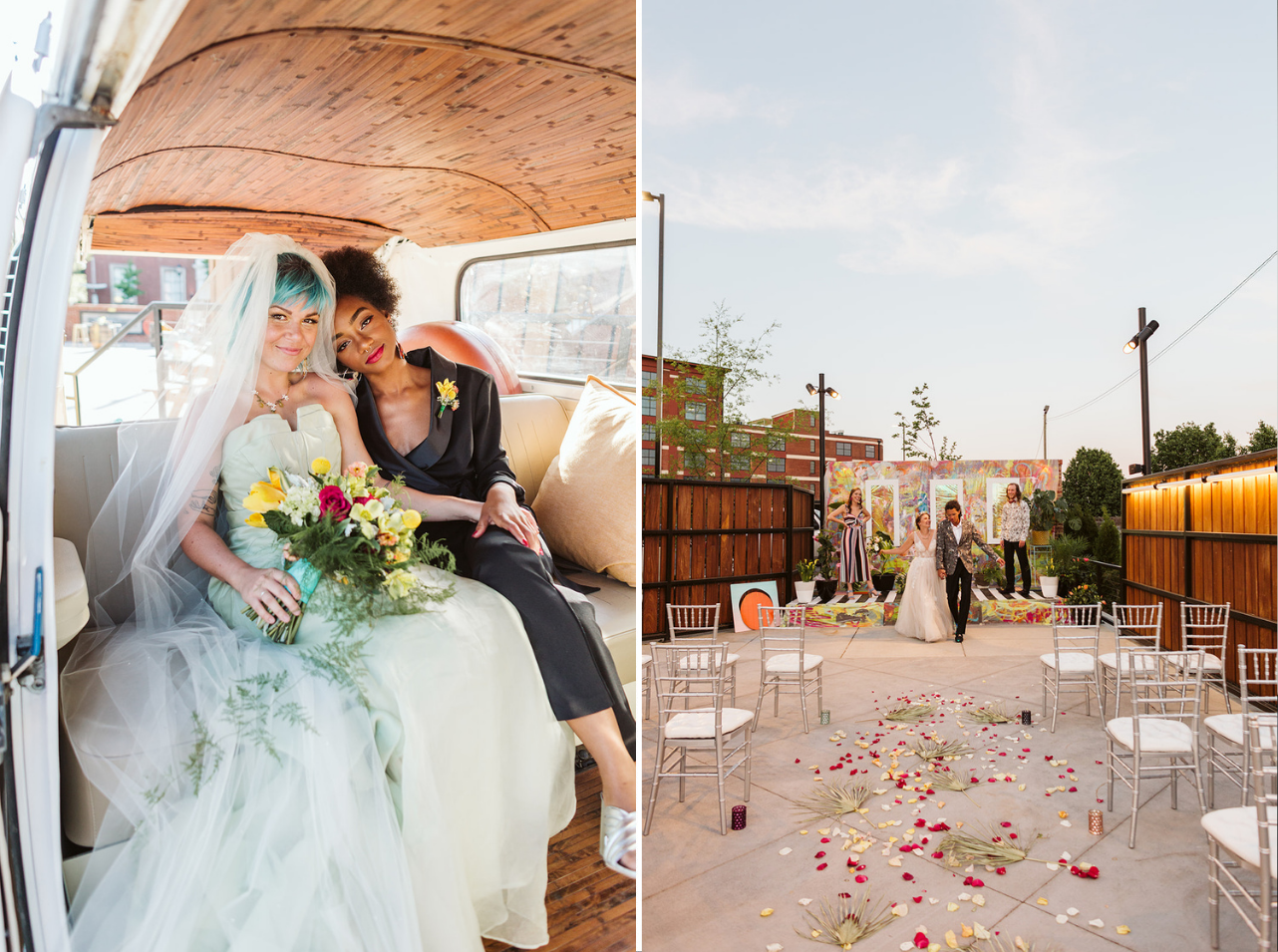 The brides lean against each other inside a vintage VW van.