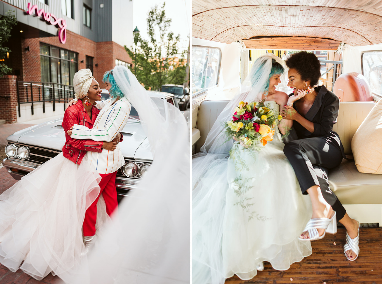 The brides sit together, embracing and laughing, inside a vintage VW van.