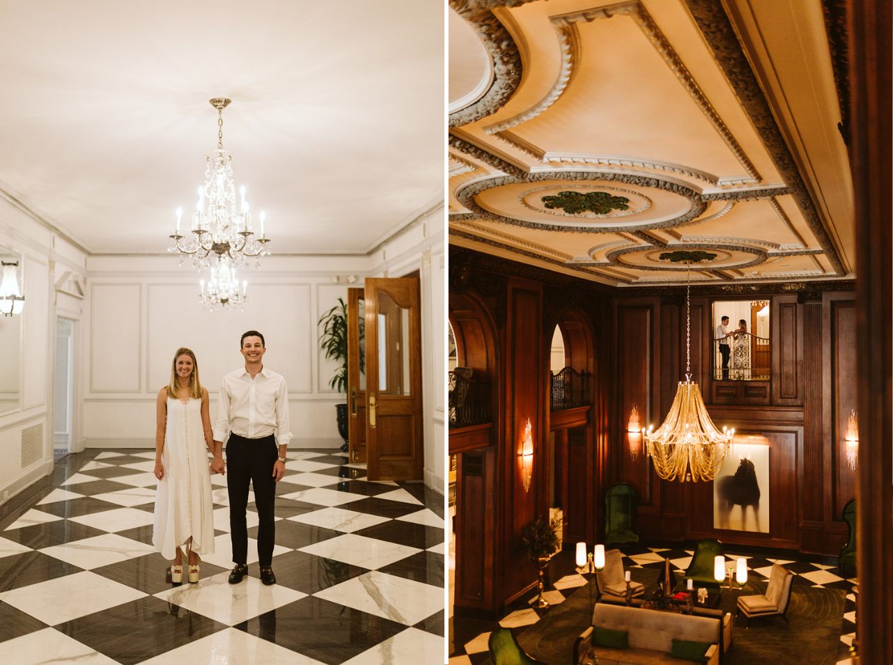 A bride and groom stand hand-in-hand beneath a chandelier on a black-and-white checkered floor.