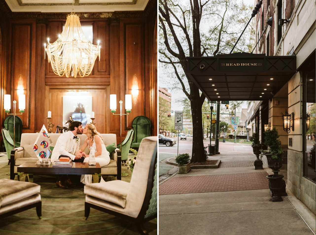 Bride and groom kiss on a cream couch beneath a chandelier at The Read House, a modern wedding venue in Chattanooga.