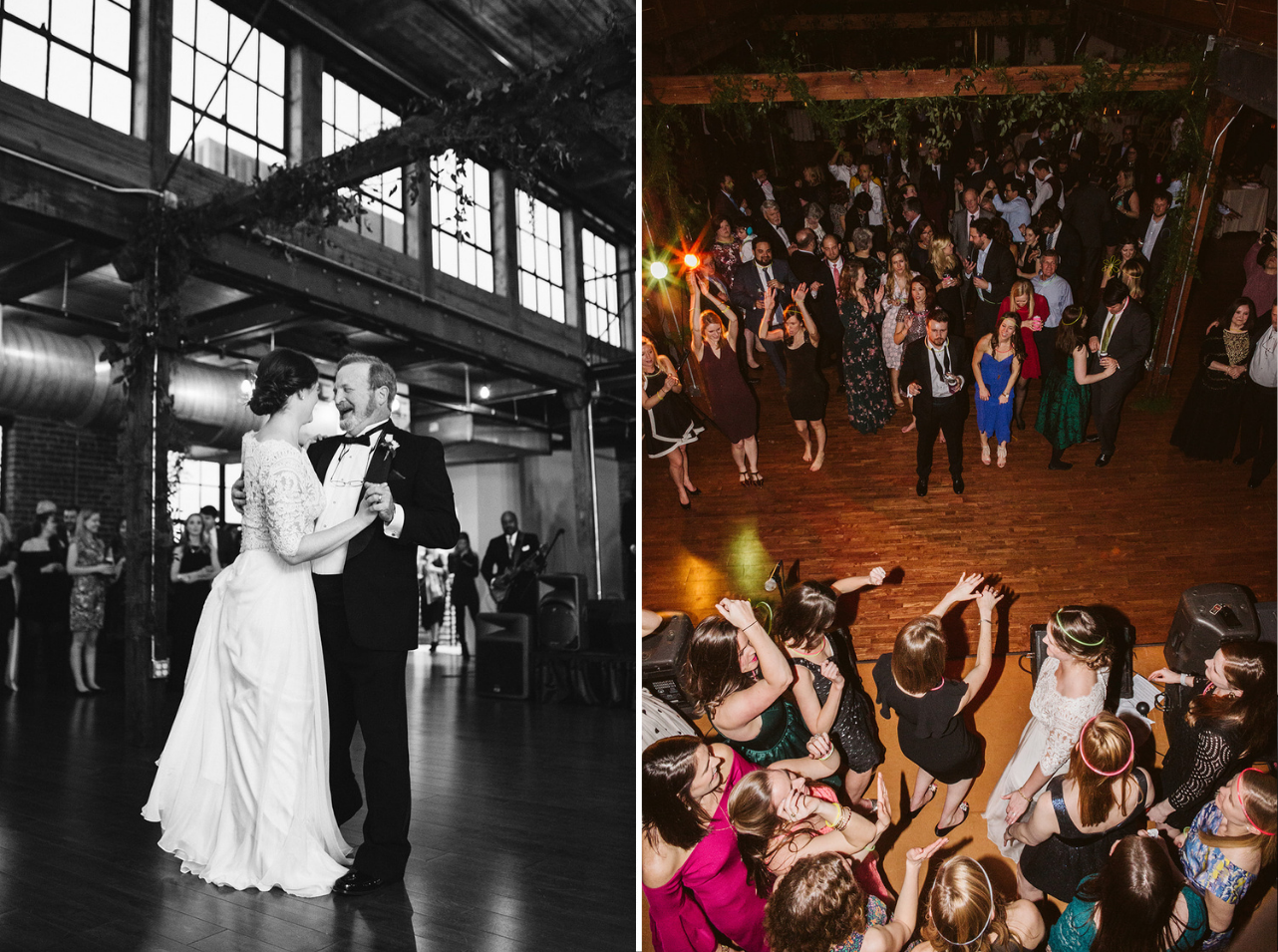 Wedding guests dance on a huge, old wood dancefloor.