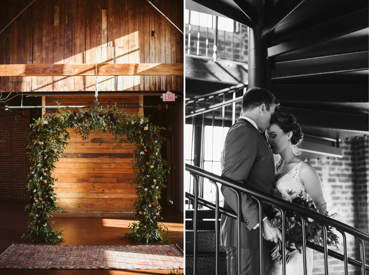 Groom kisses bride's forehead on a spiral staircase in The Turnbull Building.