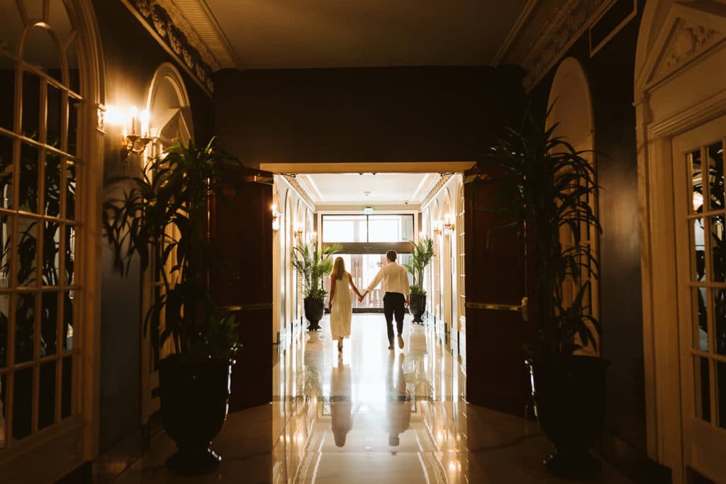 A timeless engagement session at the Read House in Chattanooga. Photo by OkCrowe Photography.