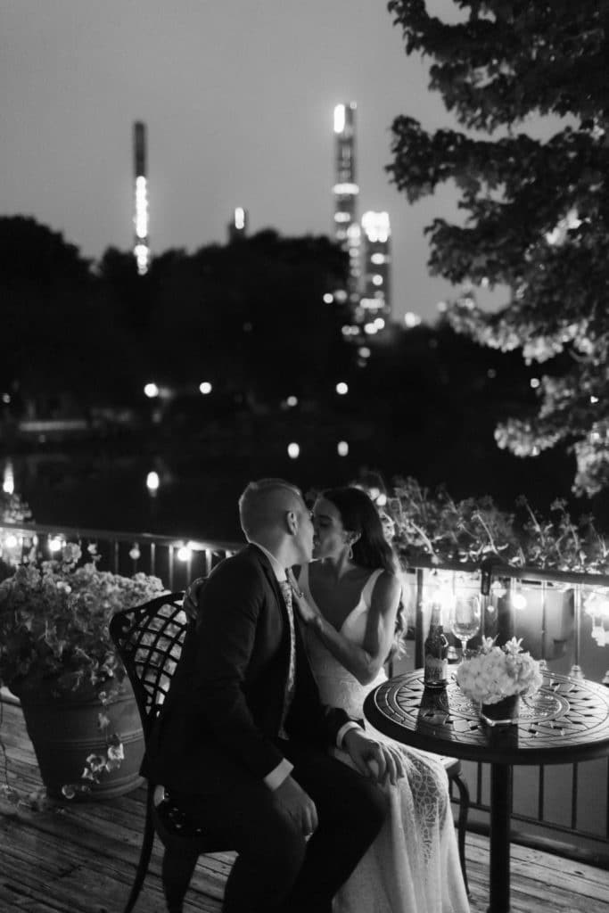 Bride and groom night portraits at the Loeb Boathouse. Photo by OkCrowe Photography.