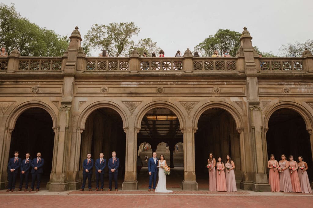 Bridal party portraits at the Bethesda Terrace in Central Park. Photo by OkCrowe Photography.