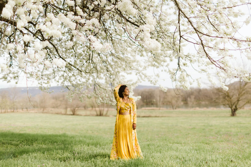 Bride wearing a traditional South Asian yellow dress under a white flowered tree. Photo by OkCrowe Photography.