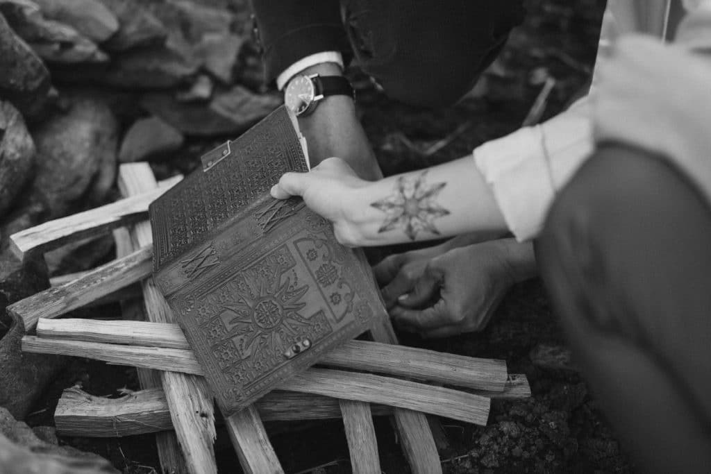 Ceremony at a secret North Carolina mountain elopement. Photo by OkCrowe Photography.