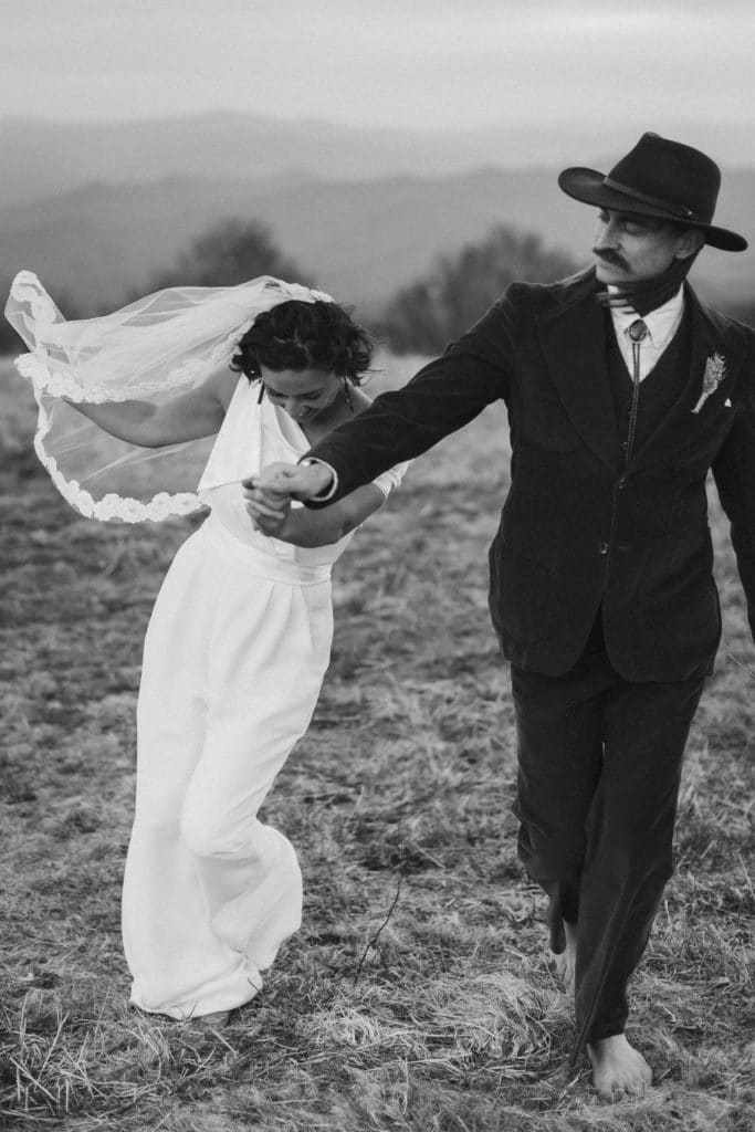 Bride and groom portraits at a secret North Carolina mountain elopement. Photo by OkCrowe Photography.