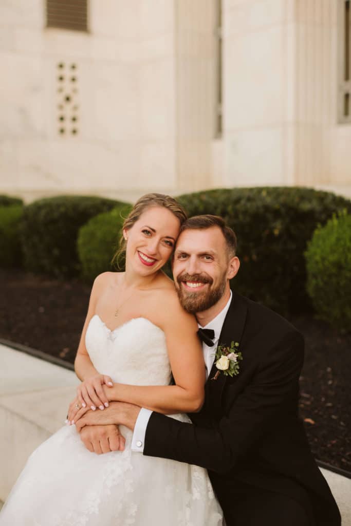 Evening newlywed portraits at the Waterhouse Pavilion. Photo by OkCrowe Photography.