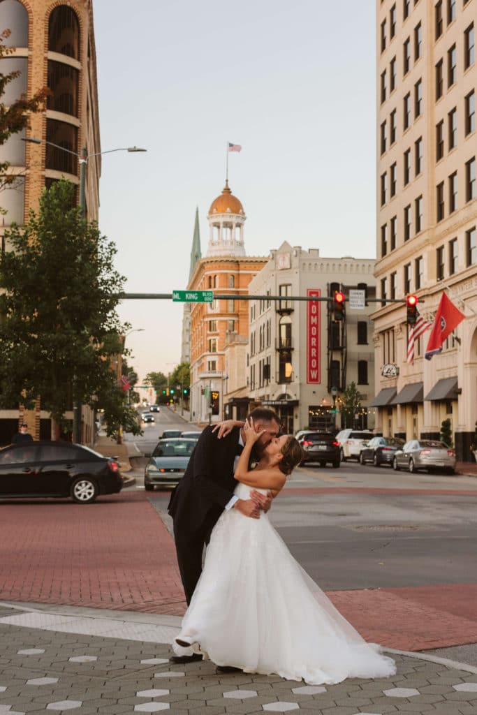 Evening newlywed portraits at the Waterhouse Pavilion. Photo by OkCrowe Photography.