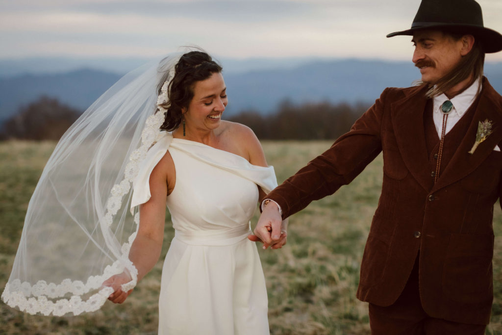 Bride and groom portraits at a secret North Carolina mountain elopement. Photo by OkCrowe Photography.