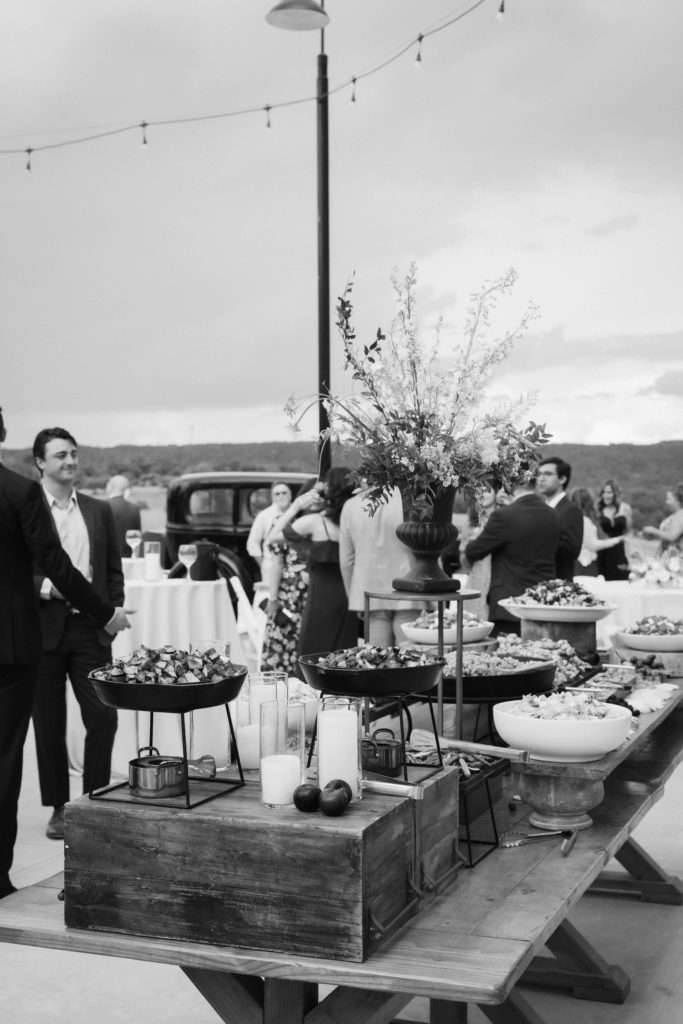 Buffet dinner by Ramblewood Events on the Highlands Chapel Patio at Howe Farms. Photo by OkCrowe Photography.