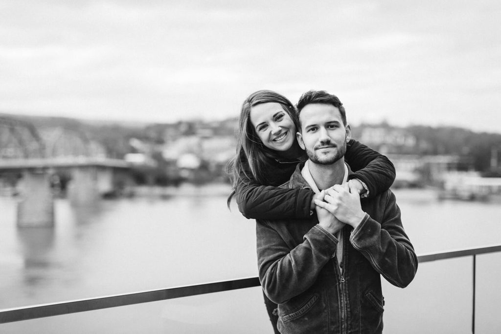 Engagement session in Bluff View in Chattanooga by the river. Photo by OkCrowe Photography.