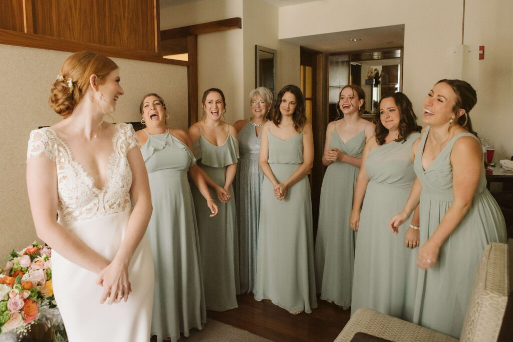 Bridesmaids first look at Portland Harbor Hotel. Photo by OkCrowe Photography.
