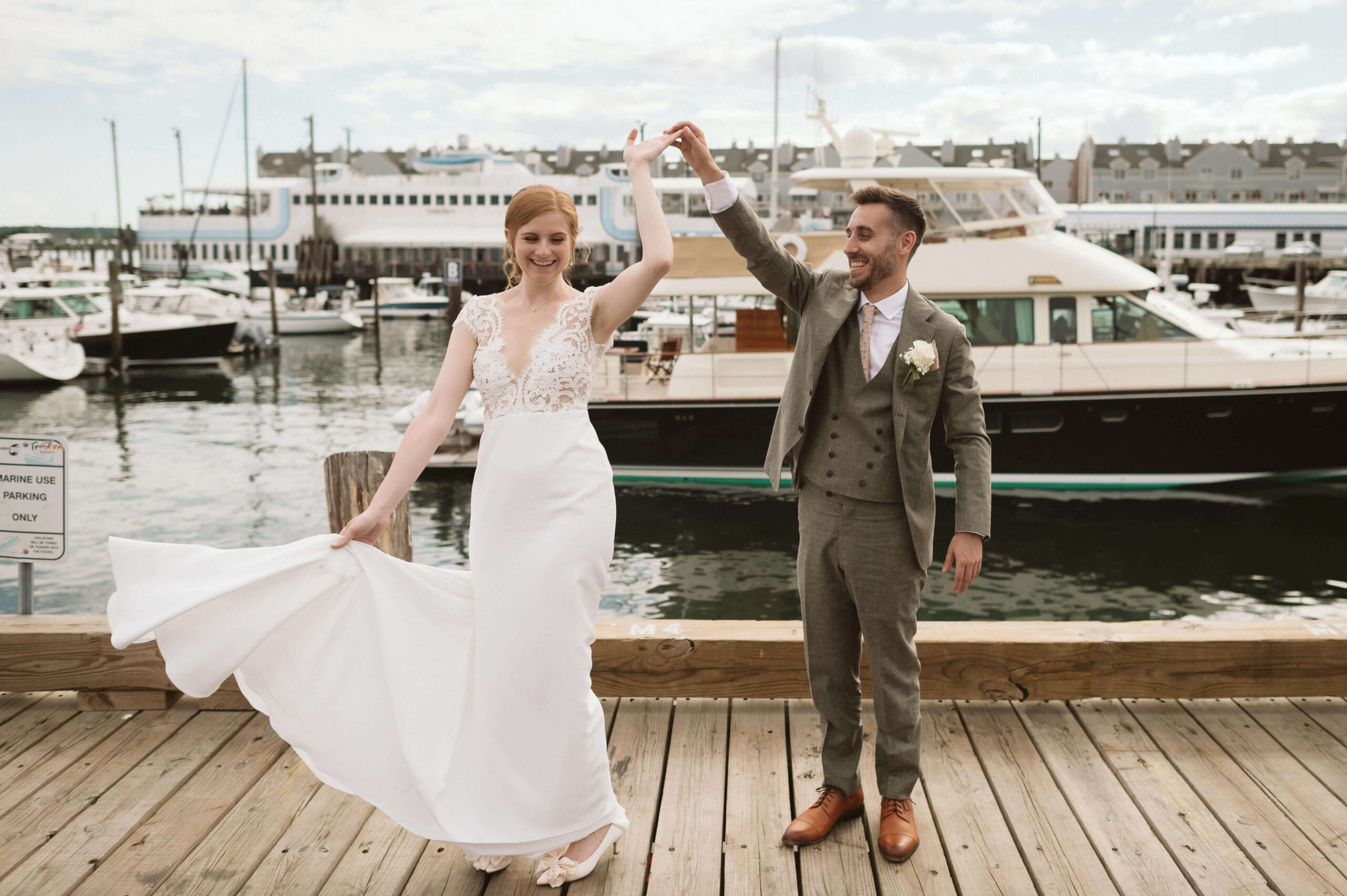 Bride and groom portraits in Old Port and the Portland Harbor. Photo by OkCrowe Photography.