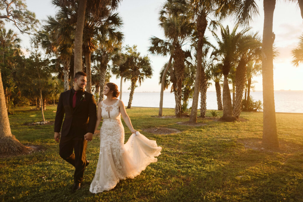 Oceanfront newlywed portraits at the Powel Crosley Estate in Sarasota, Florida. Photo by OkCrowe Photography.