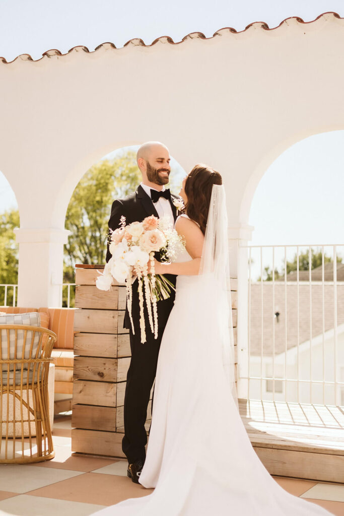 Bride and groom's first look at the Common House Chattanooga. Photo by OkCrowe Photography. 