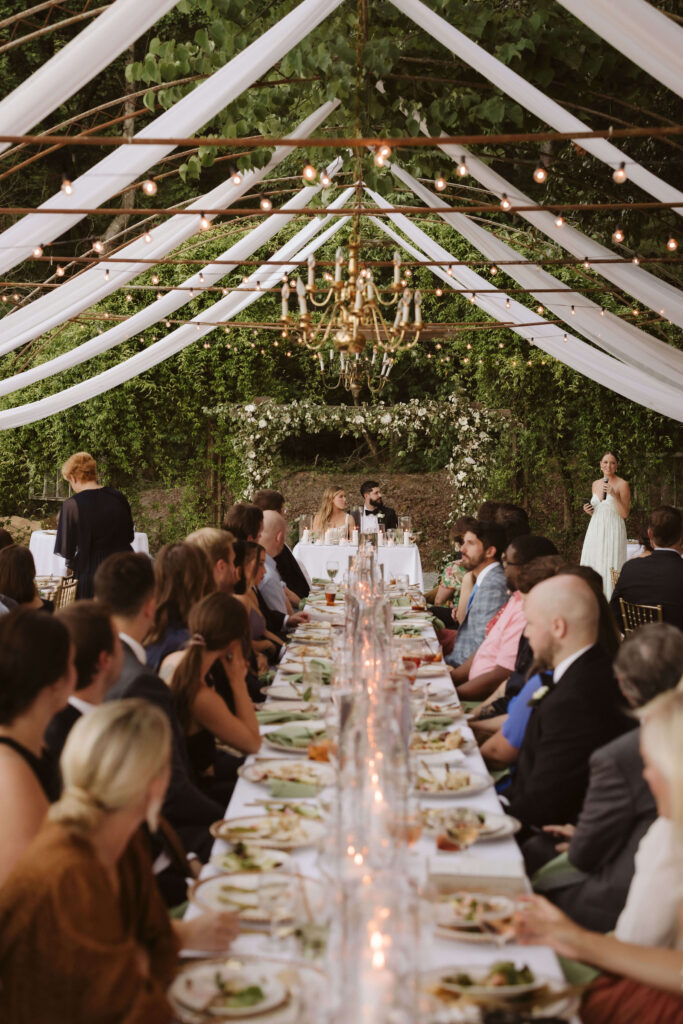 Elegant outdoor, European-style wedding reception in a North Georgoa venue. Photo by OkCrowe Photography.