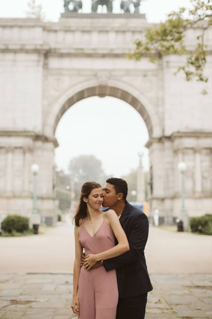 Styled engagement shoot by the Sailors and Soldiers Arch in Prospect Park, New York City. Photo by OkCrowe Photography.