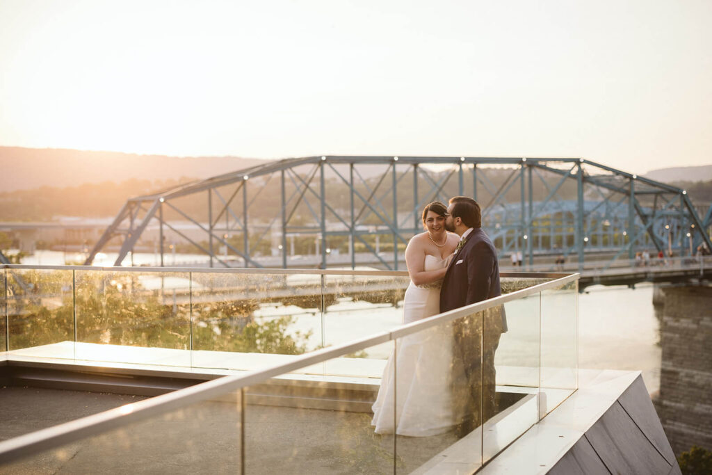 Golden hour newlywed session on the 24 Hour Terrace of the Hunter Museum in Chattanooga. Photo by OkCrowe Photography. 