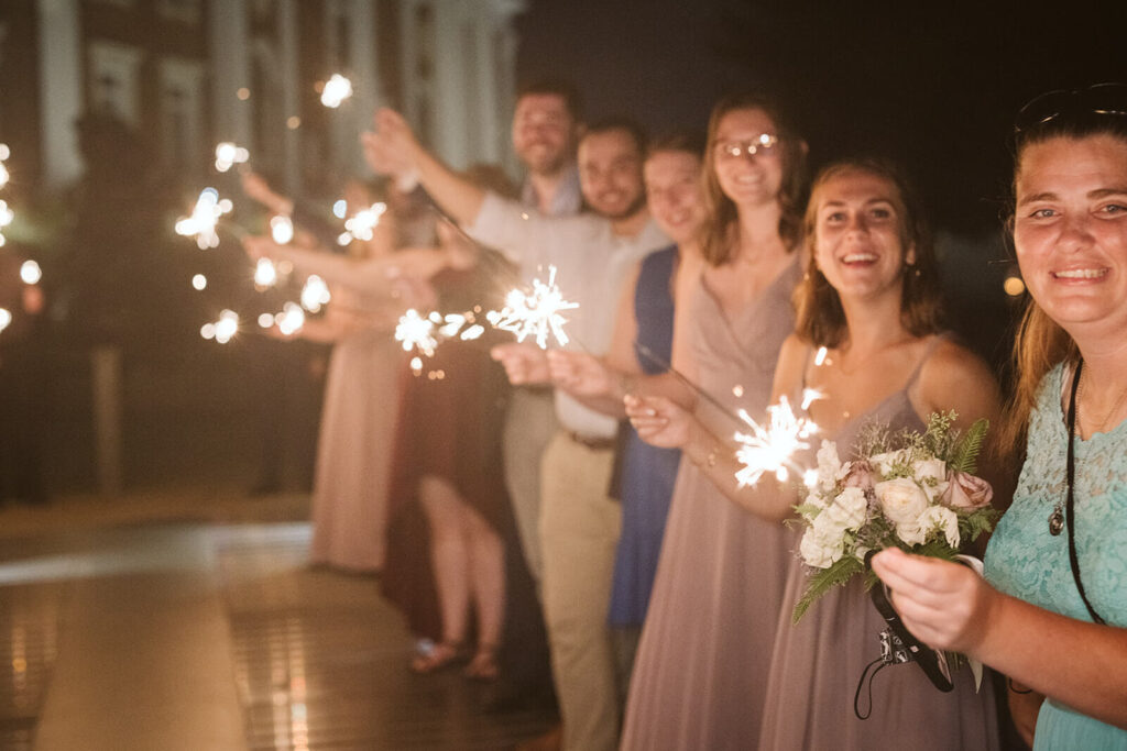 Sparkler send off during a wedding at the Hunter Museum in Chattanooga. Photo by OkCrowe Photography. 