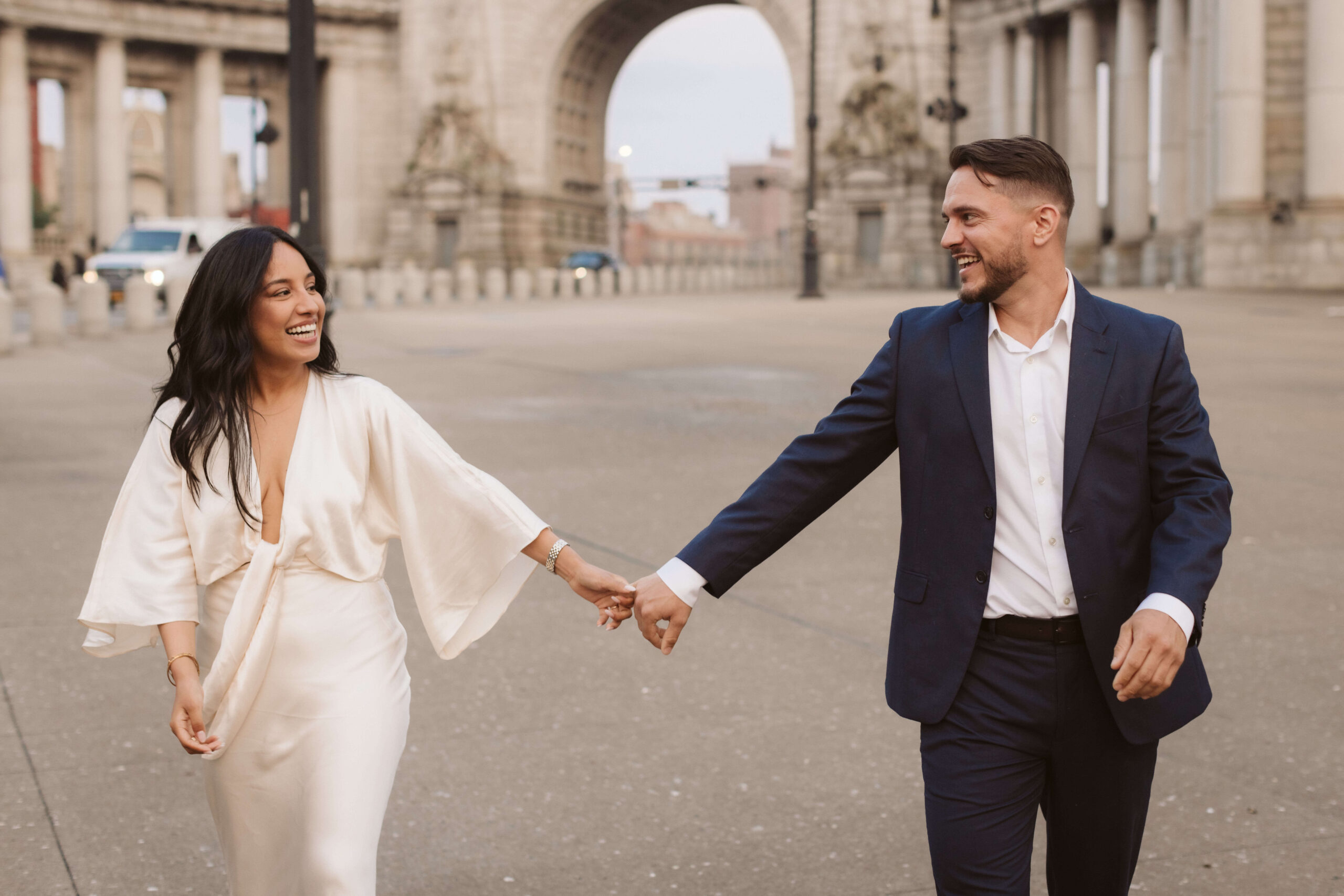 Engagement session at the Mahattan Bridge Arch & Colonnade in New York City. Photo by OkCrowe Photography. 