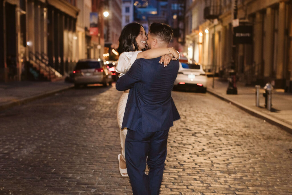 Direct flash photography during an engagement session in SoHo in New York City. Photo by OkCrowe Photography. 