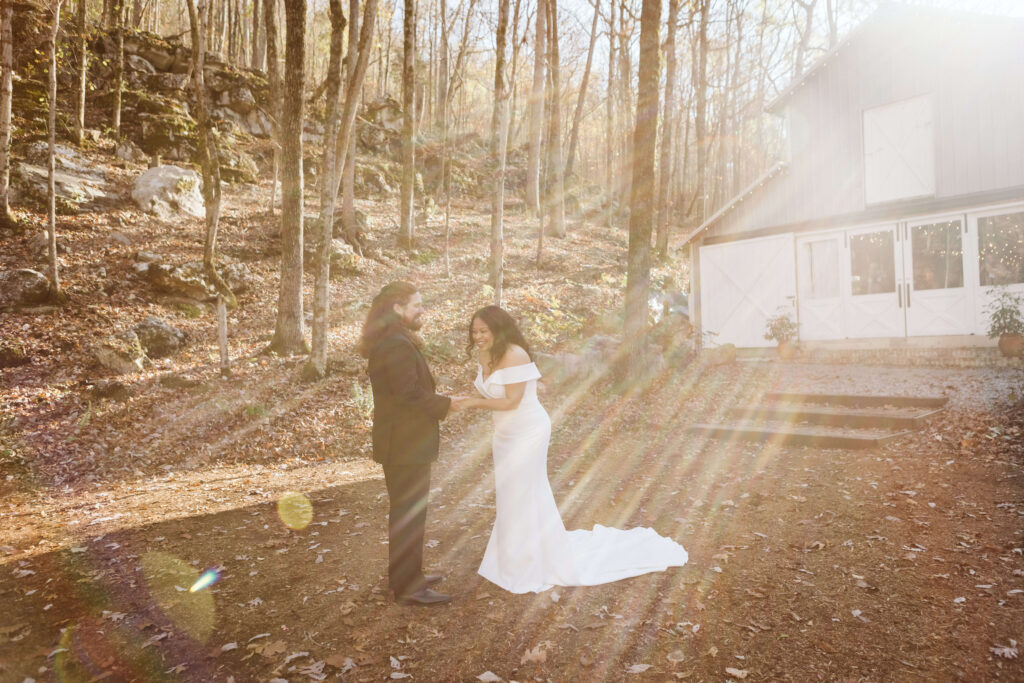 Bride and groom's first look at Oakleaf Cottage. Photo by OkCrowe Photography.