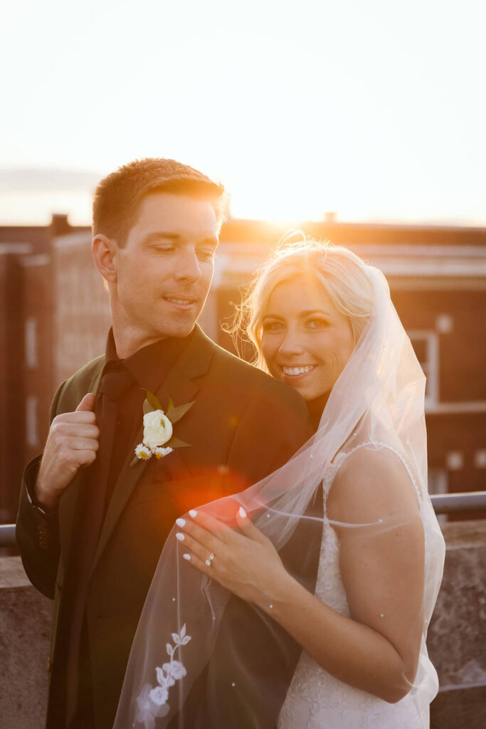 Newlywed portraits on the roof near the Moxy Chattanooga. Photo by OkCrowe Photography.
