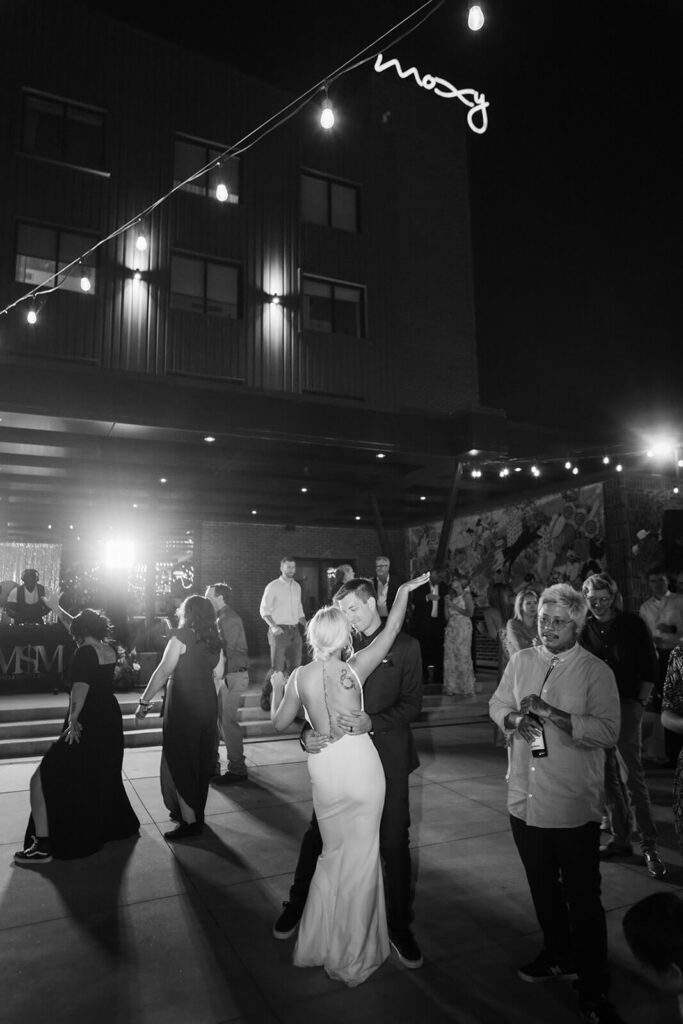 Fun outdoor wedding reception in the Railyard at the Moxy Chattanooga. Photo by OkCrowe Photography.