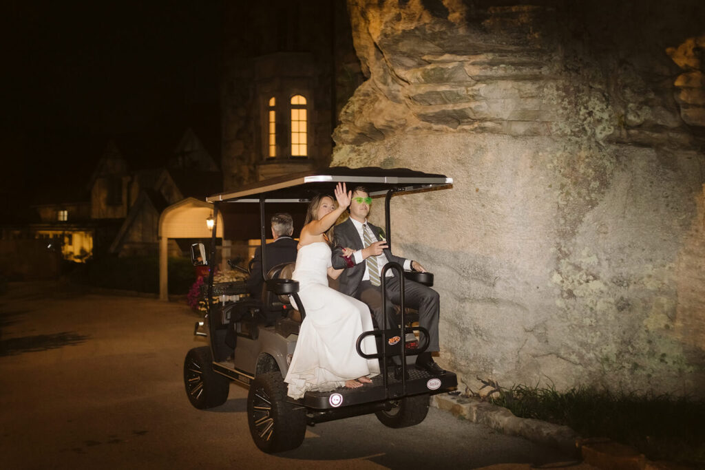 Bubbles and golf cart send off after a wedding at the Lookout Mountain Fairyland Clubhouse. Photo by OkCrowe Photography.