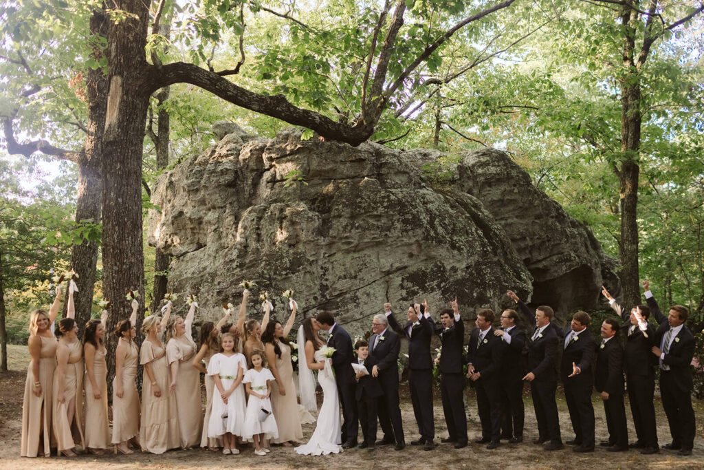 Wedding party portraits at the Lookout Mountain Fairyland Clubhouse. Photo by OkCrowe Photography. 