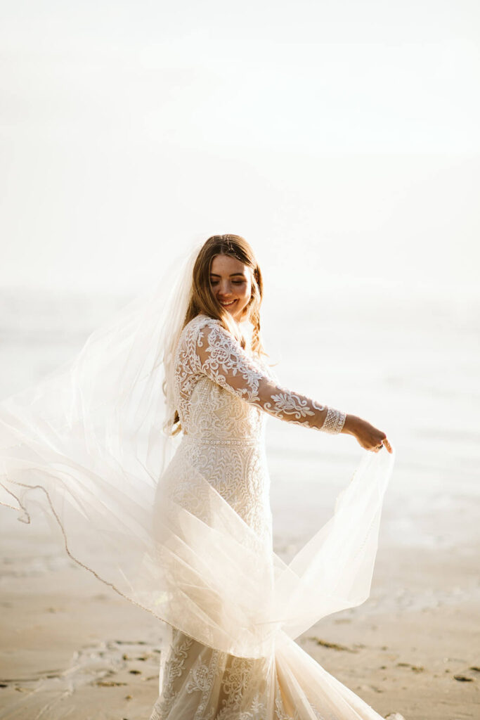 Bridal portraits in Cannon Beach, Oregon. Photo by OkCrowe Photography.