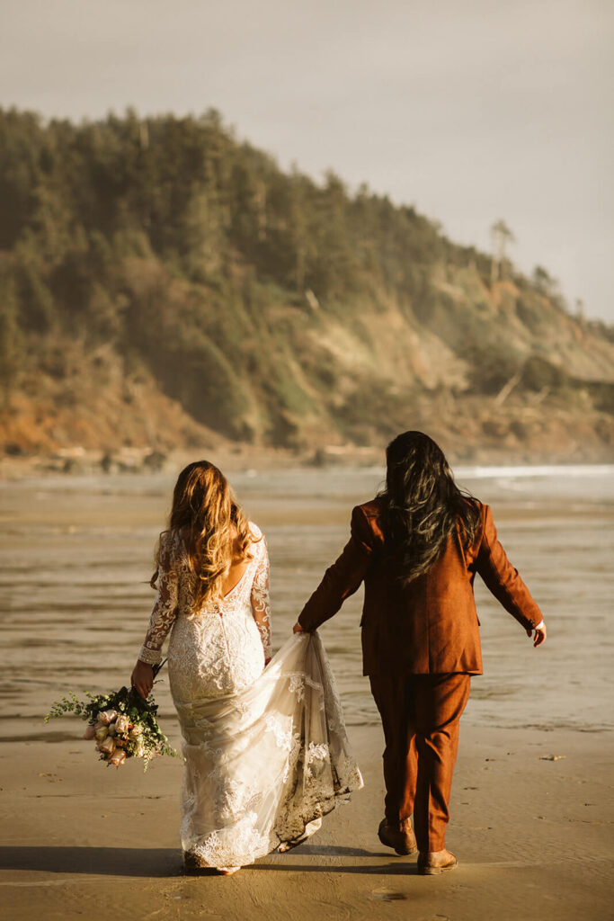 Newlywed portraits in Cannon Beach, Oregon. Photo by OkCrowe Photography.