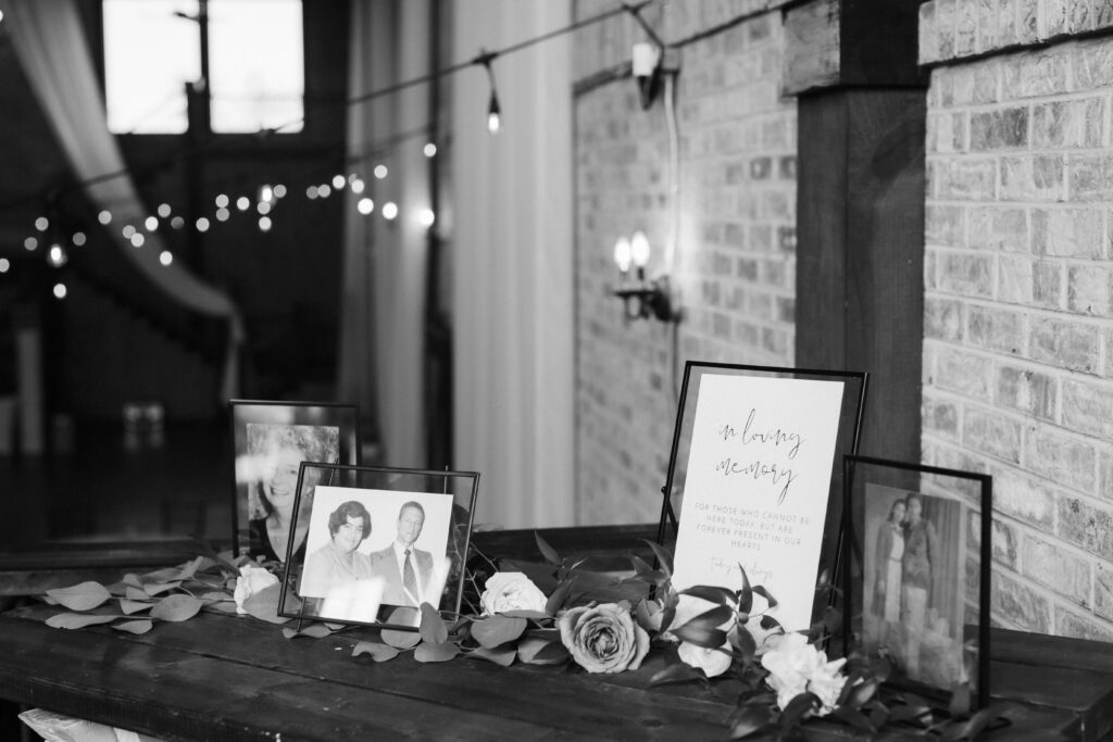 Wedding table set ups honoring late loved ones. Photo by OkCrowe Photography.