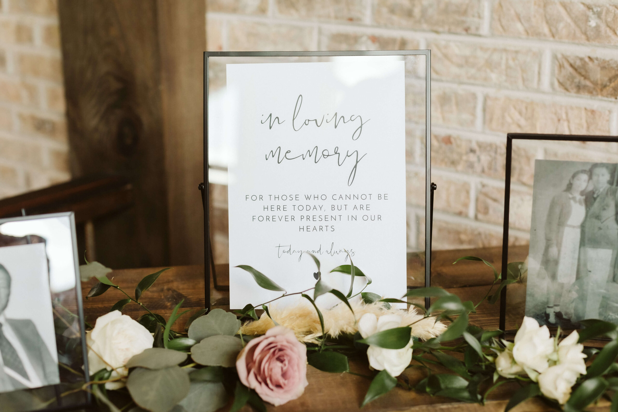Wedding table set ups honoring late loved ones. Photo by OkCrowe Photography.