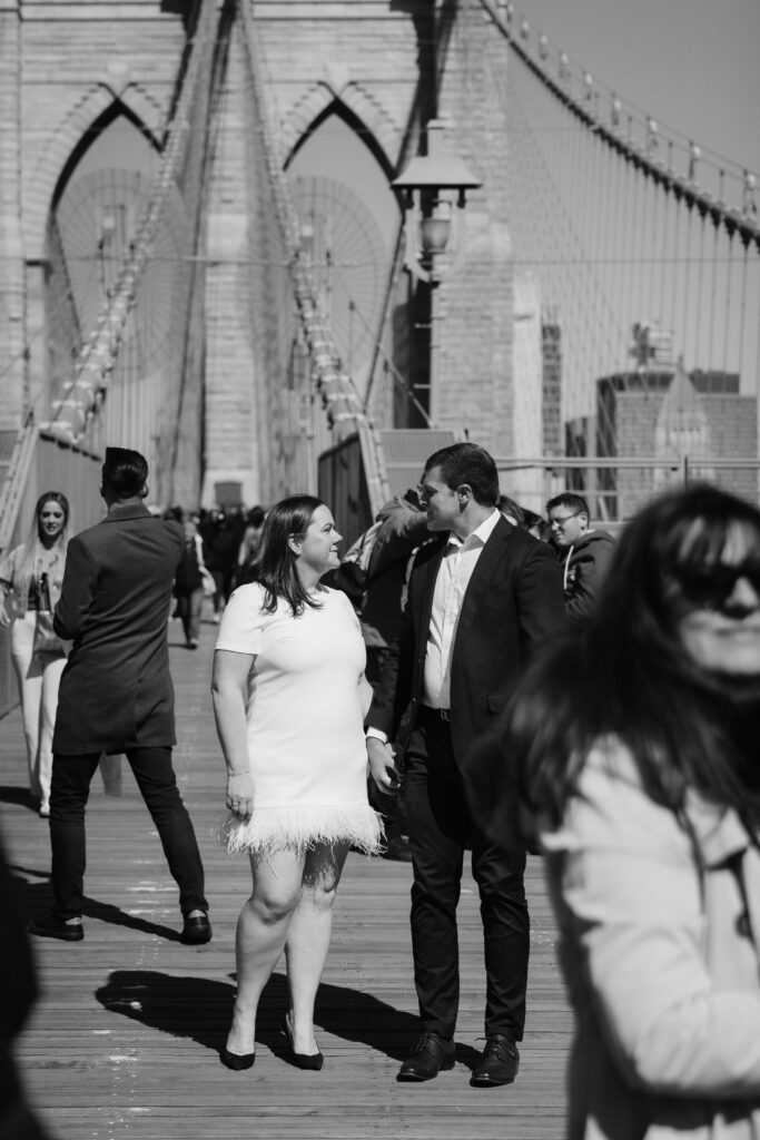 Engagement session on Brooklyn Bridge in DUMBO, NYC. Photo by OkCrowe Photography. 