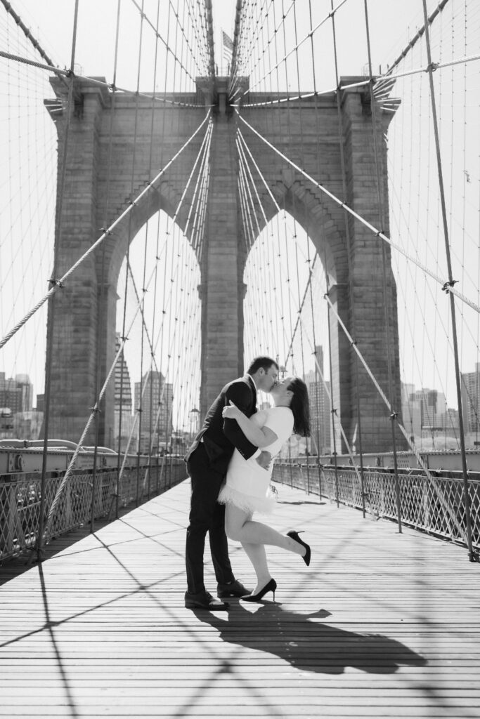 Engagement session on Brooklyn Bridge in DUMBO, NYC. Photo by OkCrowe Photography. 