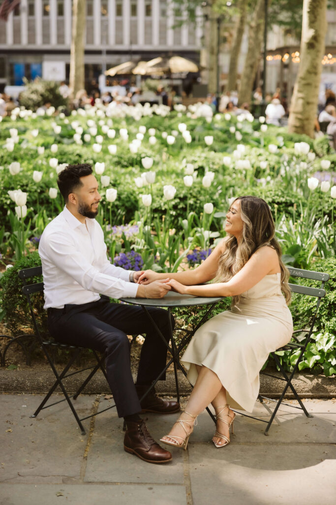 Spring engagement session in Bryant Park, NYC. Photo by OkCrowe Photography.