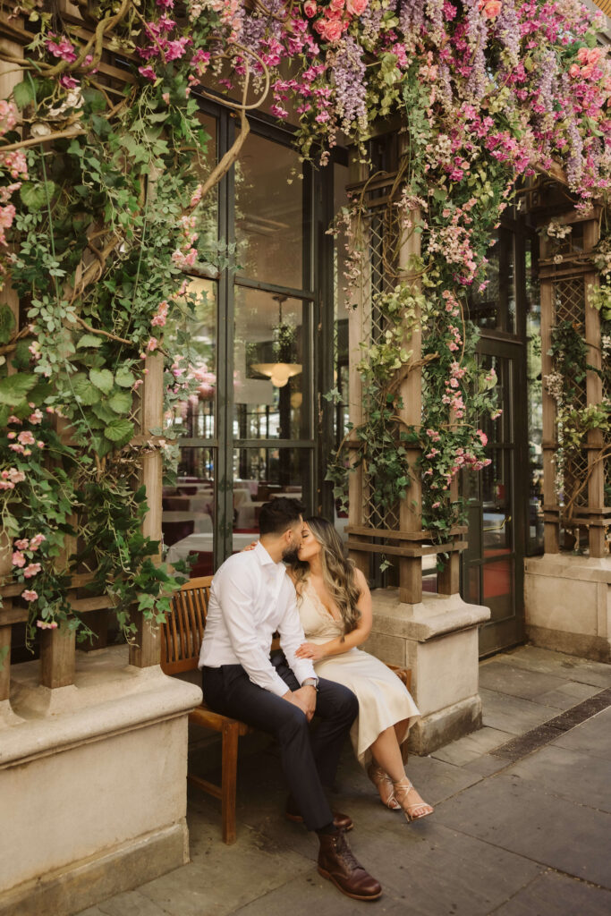 Spring engagement session by the Bryant Park Grill in Bryant Park, NYC. Photo by OkCrowe Photography.