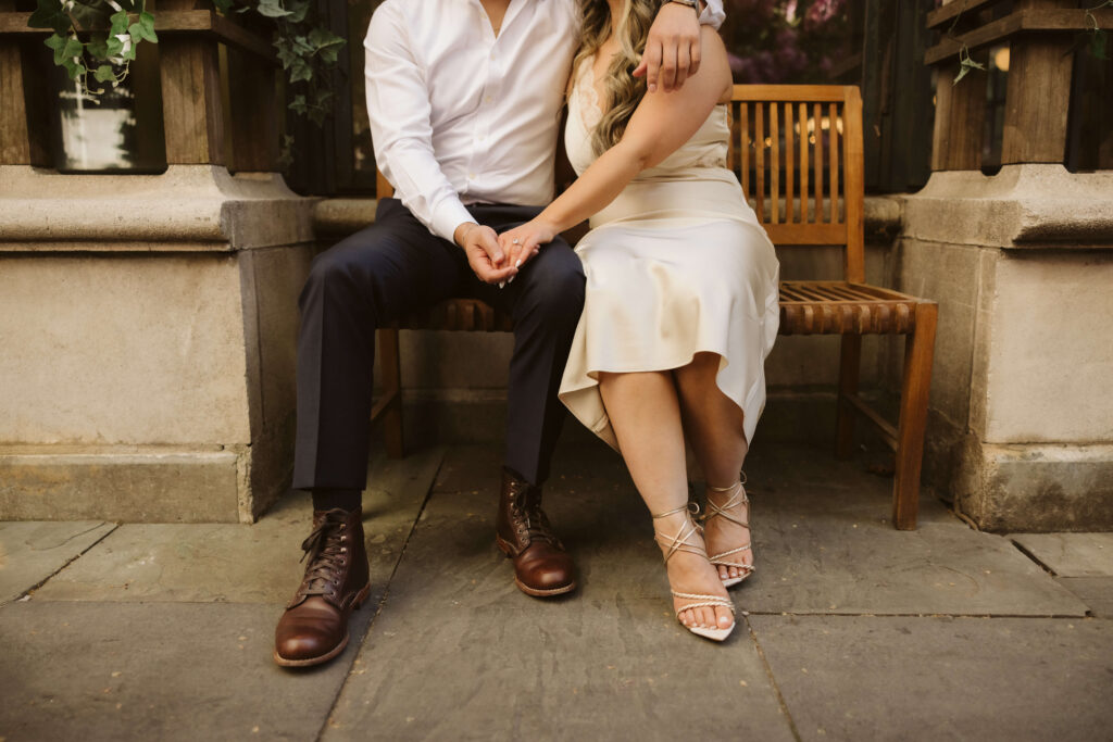 Spring engagement session by the Bryant Park Grill in Bryant Park, NYC. Photo by OkCrowe Photography.