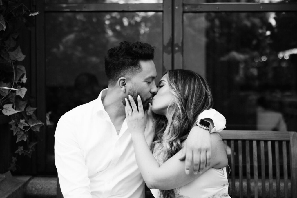 Spring engagement session by the Bryant Park Grill in Bryant Park, NYC. Photo by OkCrowe Photography.