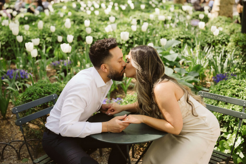 Spring engagement session in Bryant Park, NYC. Photo by OkCrowe Photography.