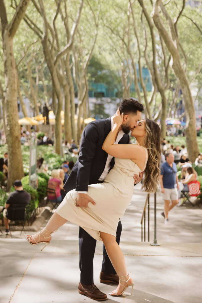 Spring engagement session in Bryant Park, NYC. Photo by OkCrowe Photography.