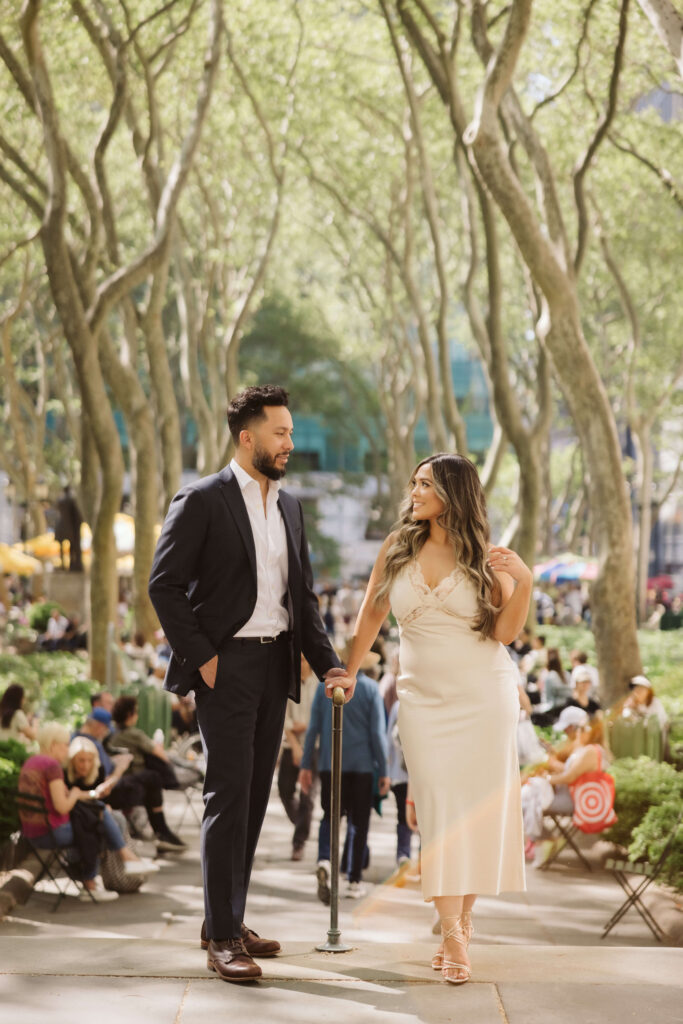 Spring engagement session in Bryant Park, NYC. Photo by OkCrowe Photography.