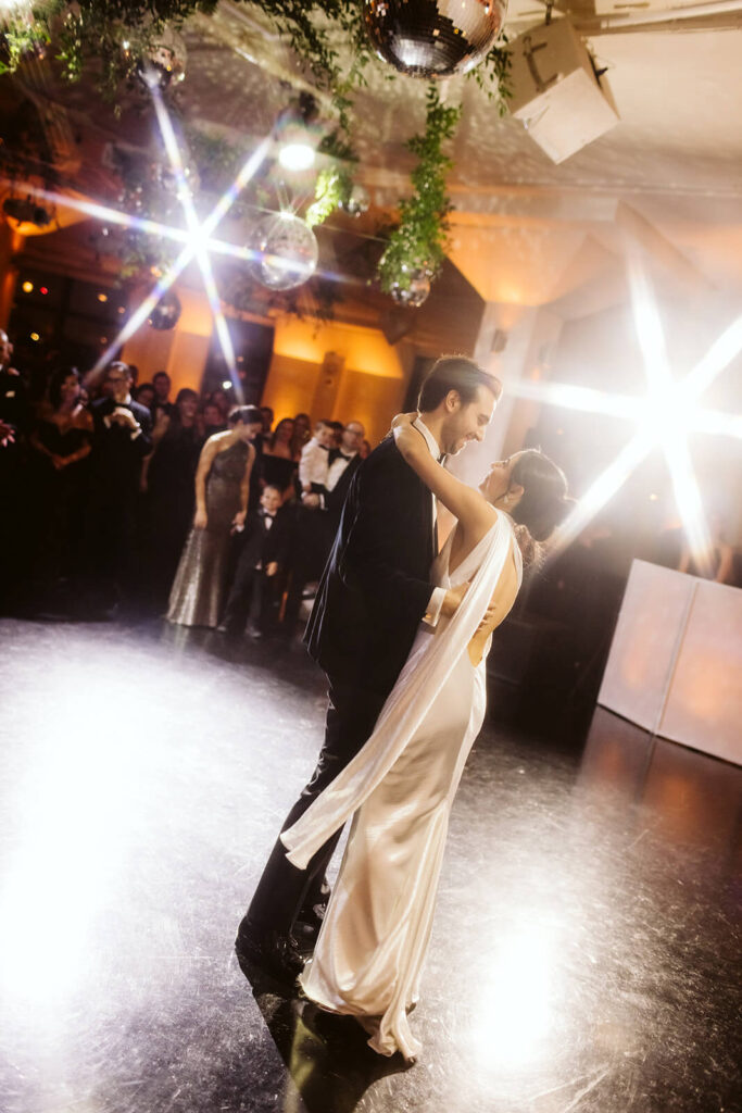 Wedding reception at Tribeca Rooftop & 360 in New York City. Photo by OkCrowe Photography.